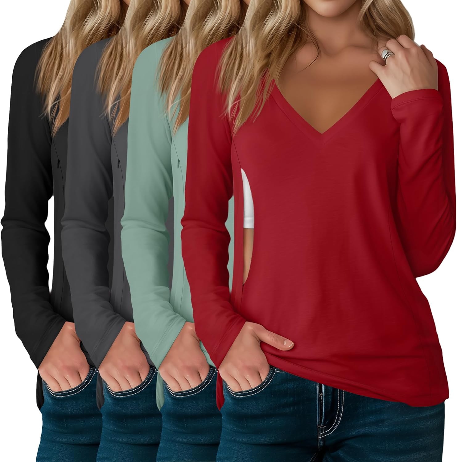 4 Pack Women's Long Sleeve Nursing Shirts for Comfortable Feeding