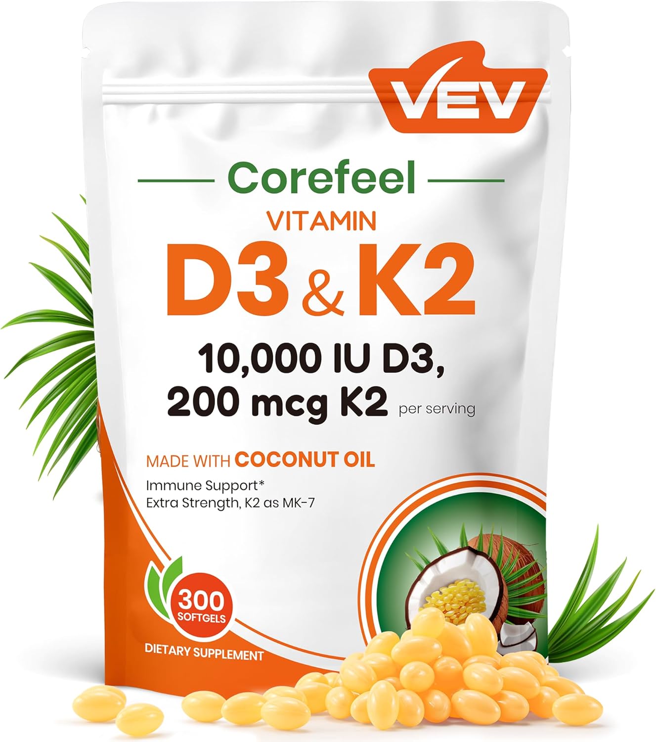 VEV Corefeel Vitamin D3 K2 10,000 IU Softgels for Health