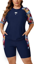 Women's Plus Built-in Bra Rash Guard Two Piece Swim Set - Modest