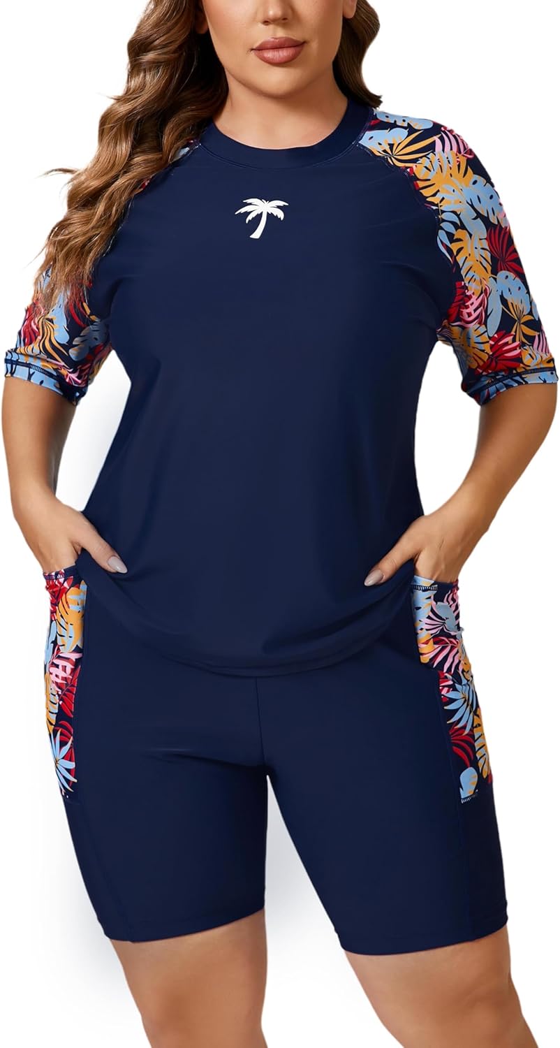 Halcurt Women's Plus Built in Bra Rash Guard Two Piece Set