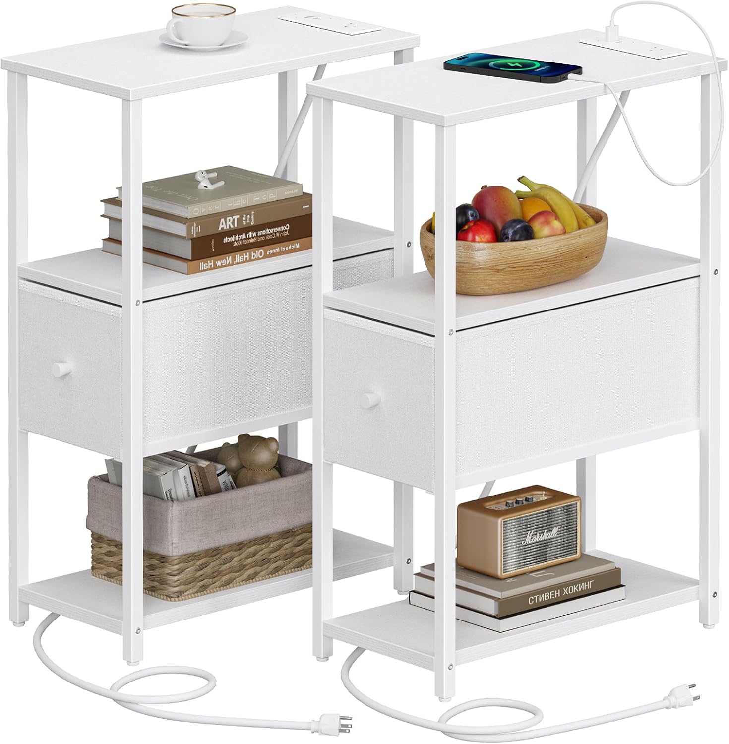 TUTOTAK Small Narrow End Table with Charging Station for Home
