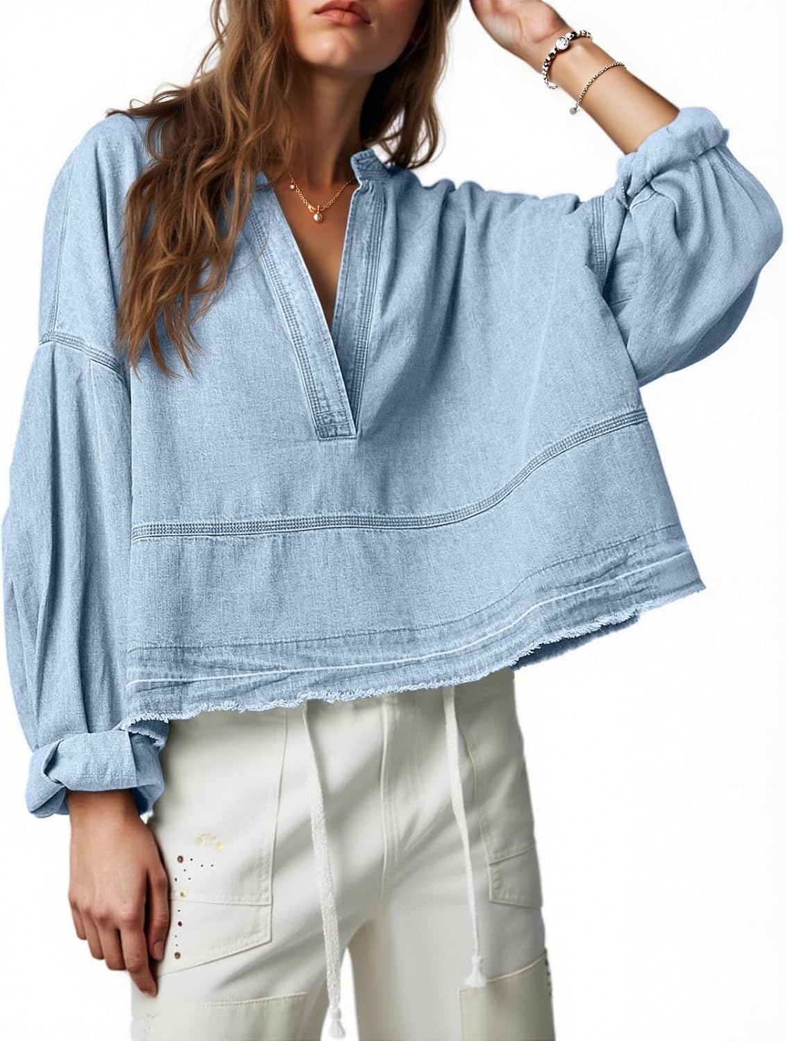 Womens Denim Tops Pullover Casual V Neck Loose Fit Puff Sleeve
