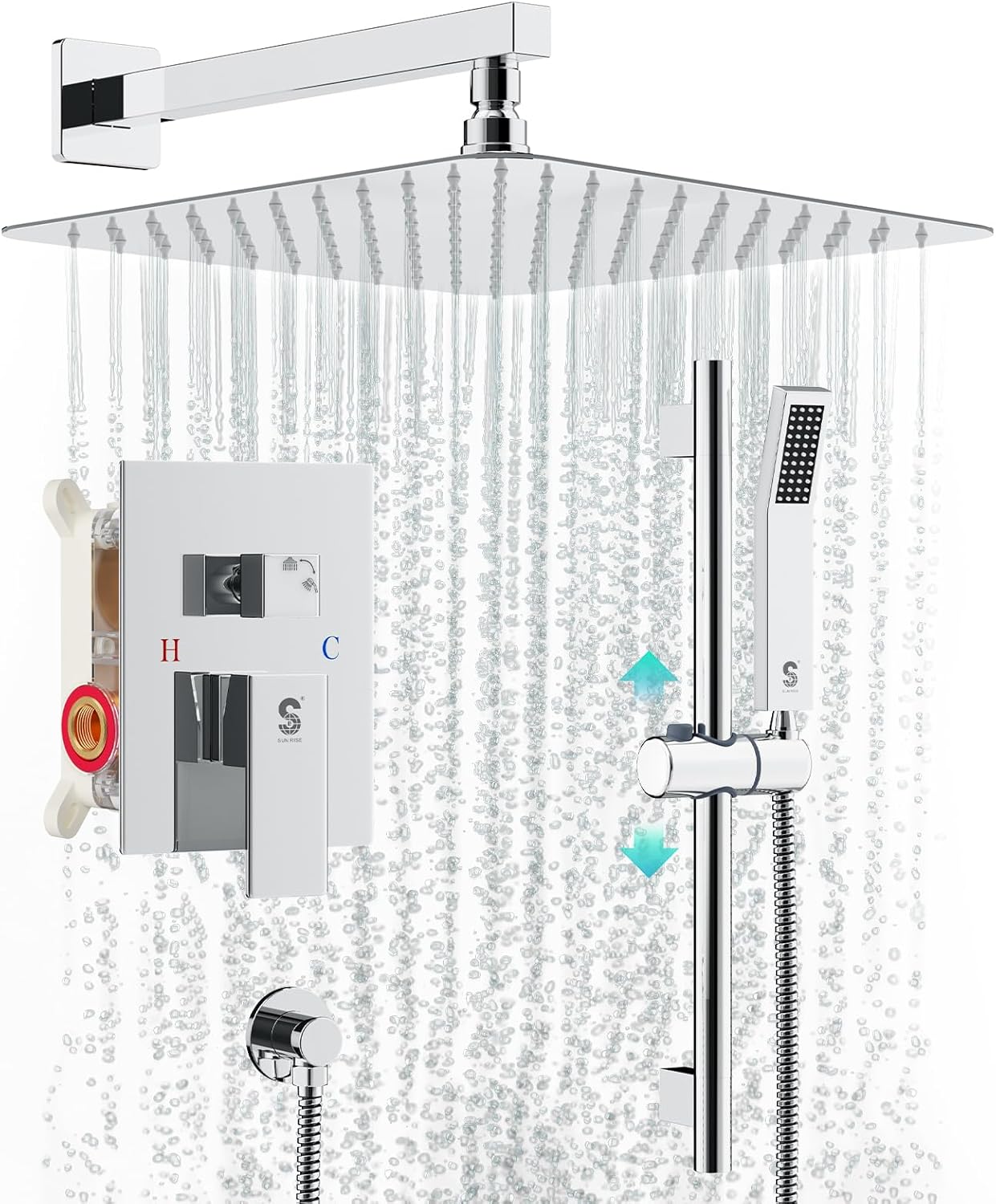 SR SUN RISE 12 Inch Slide Bar Shower System with Rain Shower Head
