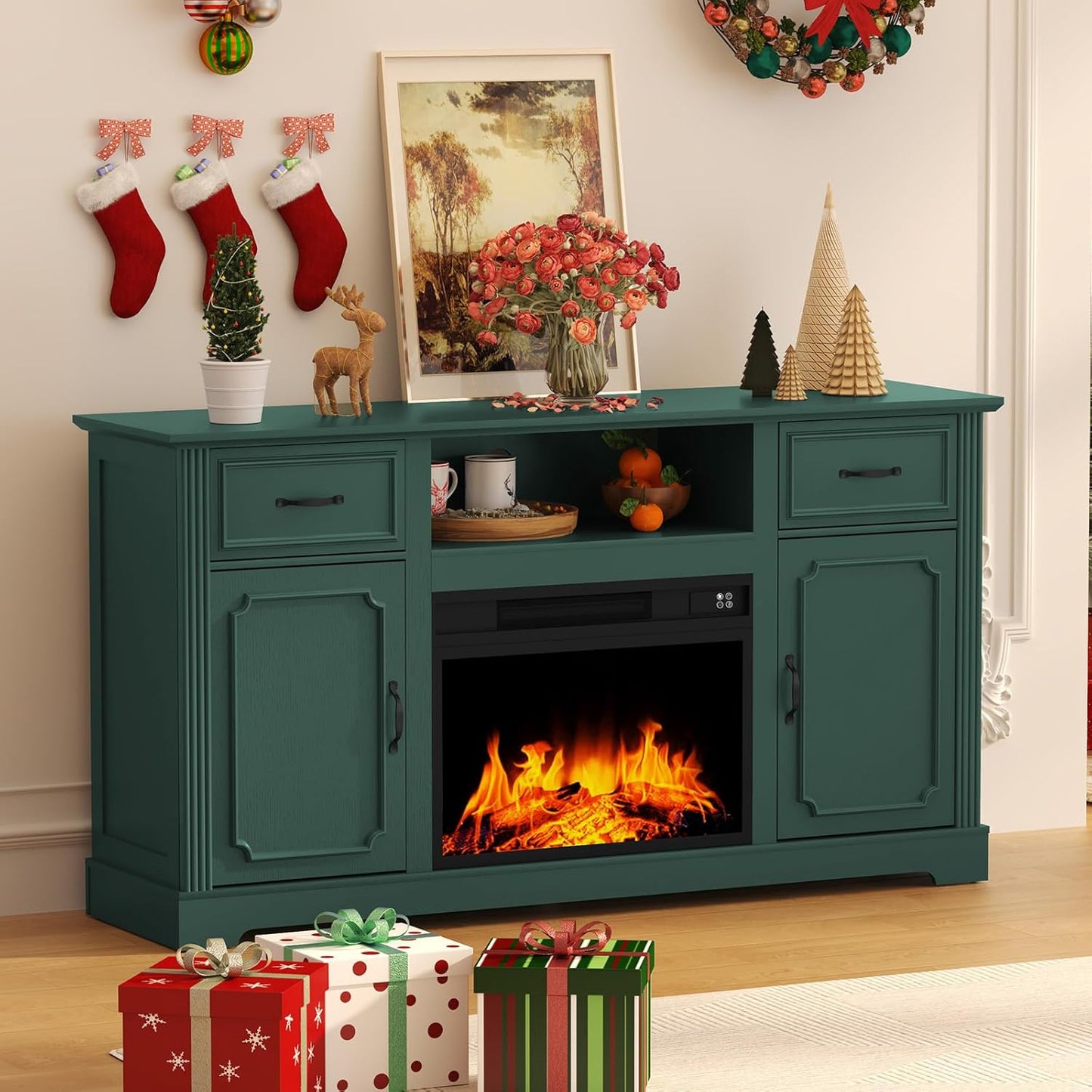 Modern Green TV Stand: Adjustable Shelves, 65'' TV Support