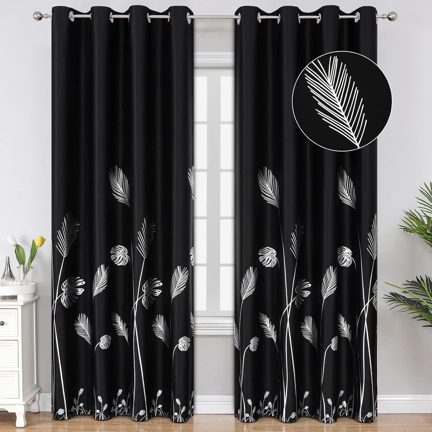Elegant Blackout Curtains with Silver Palm Tree Design for Bedrooms