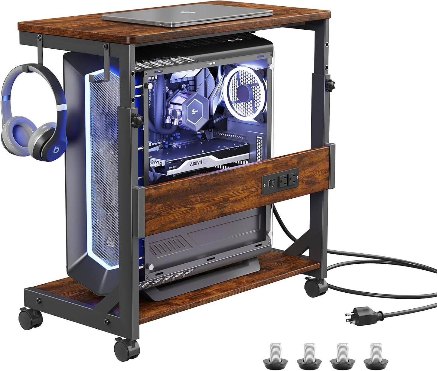 Height Adjustable Computer Tower Stand with USB Charging Ports