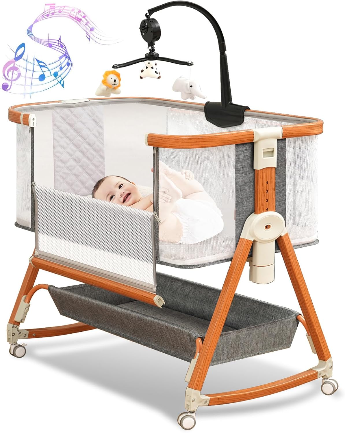 3 in 1 Baby Bassinet Bedside Sleeper with Musical Toy and Wheels