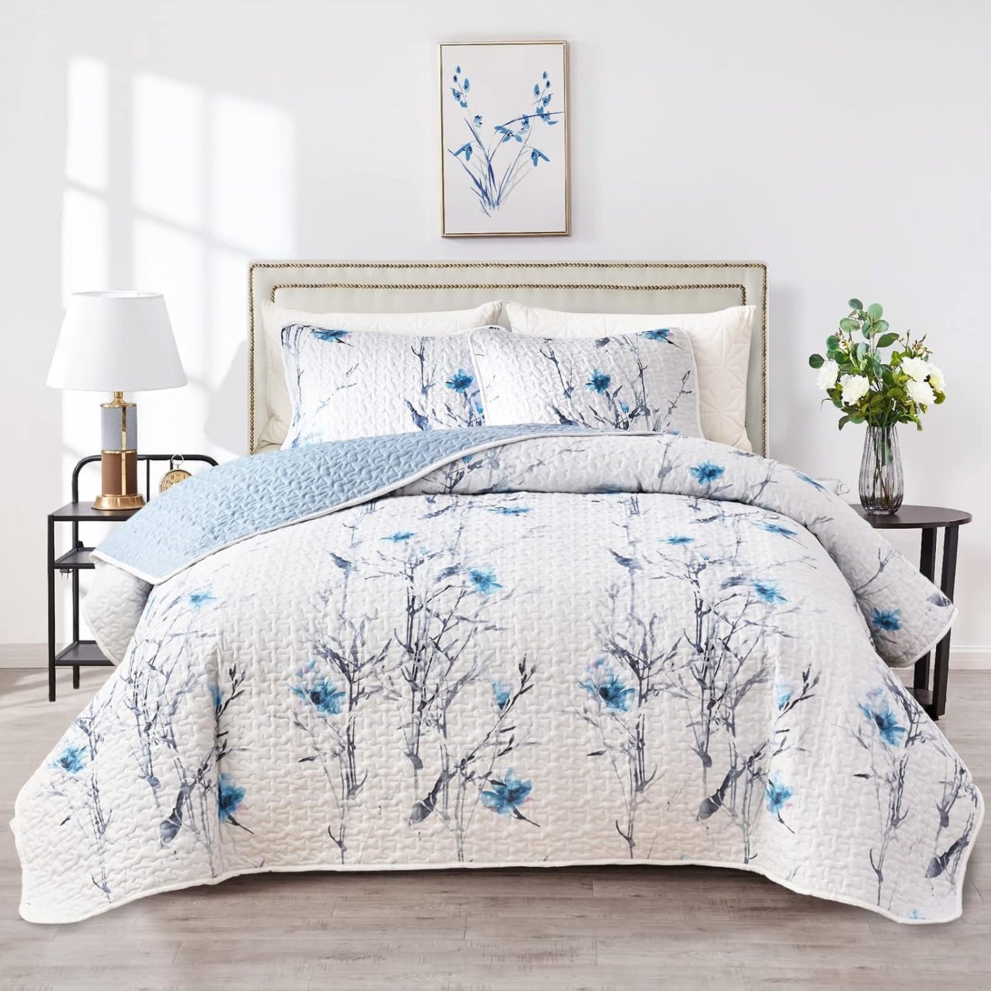 Botanical Quilt Set 3 Pieces Full/Queen Size with Blue Flowers