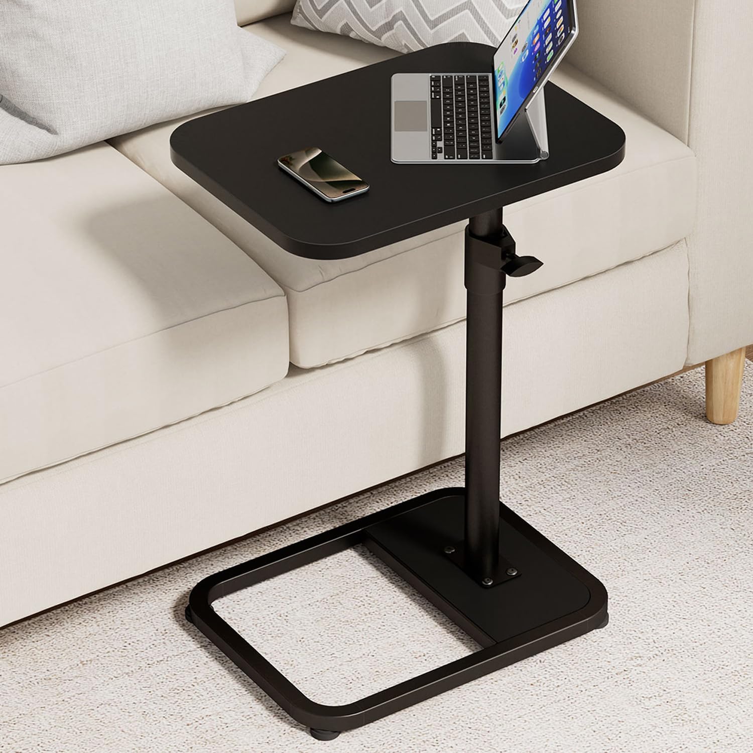 C Shaped TV Trays for Living Room - Adjustable Black Wooden Table