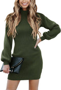 Women Rib Knit Turtle Mock Neck Mini Dress - Slim Fitted Bodycon