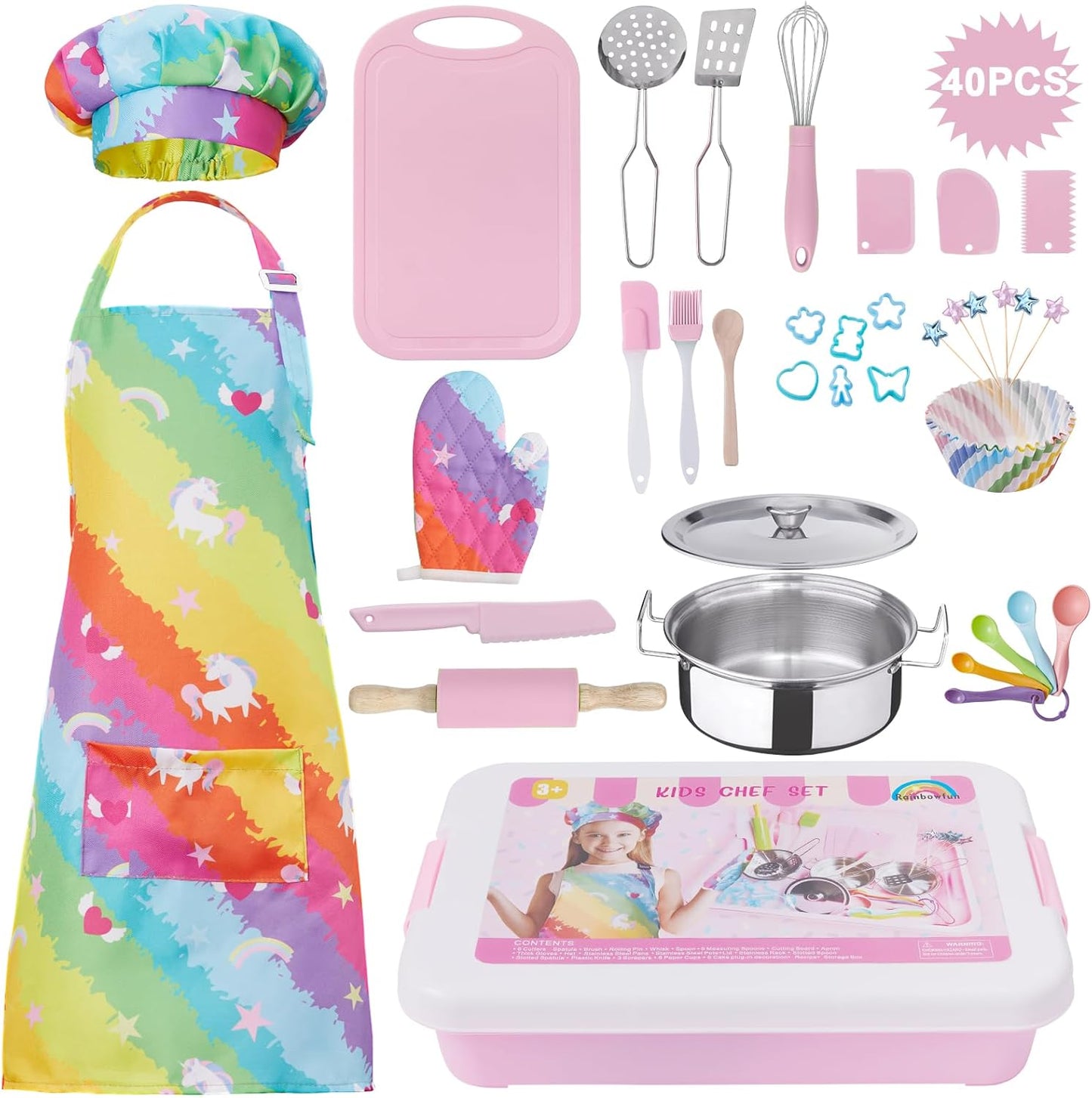 42-Piece Kids Cooking Set with Real Stainless Steel Pretend Toys - Rainbowfun