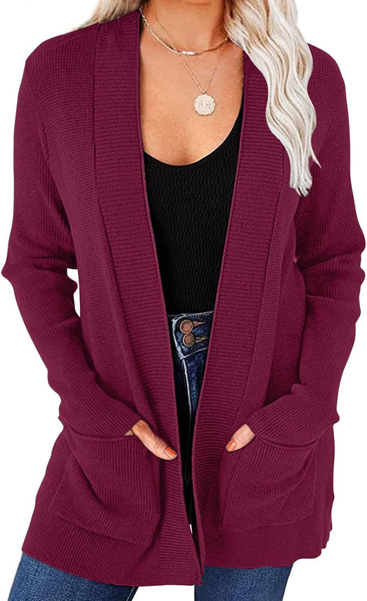 Cozy Open Front Waffle Knit Cardigan for Women - Perfect Fit