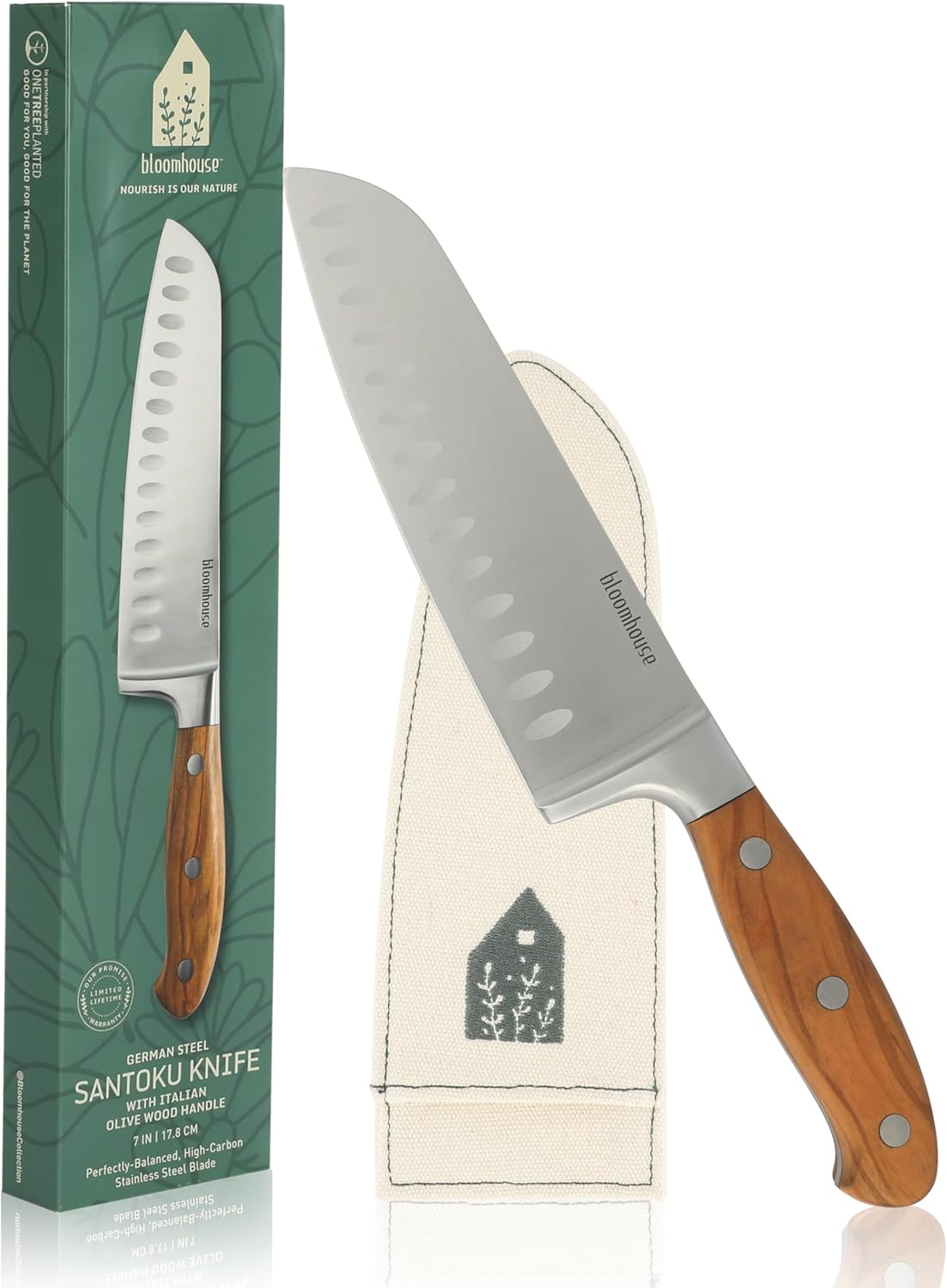 7 Inch German Steel Santoku Knife with Olive Wood Handle