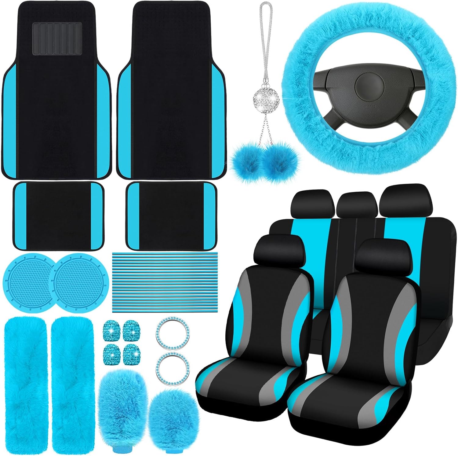 ROCEEI 47 Pcs Car Seat Cover Full Set with Fluffy Accessories