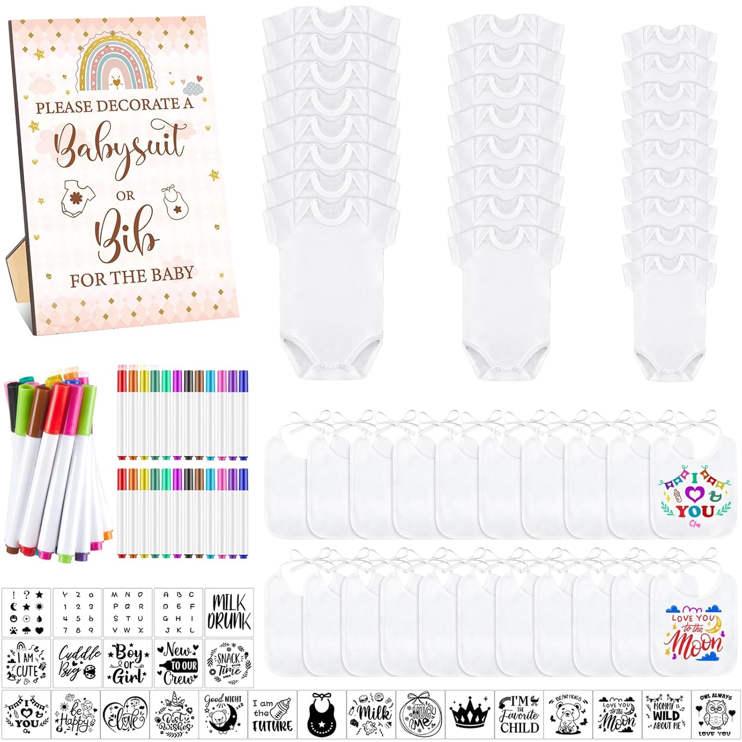 Panitay 100 Pcs Blank Bib Bodysuit Baby Shower Set for Fun