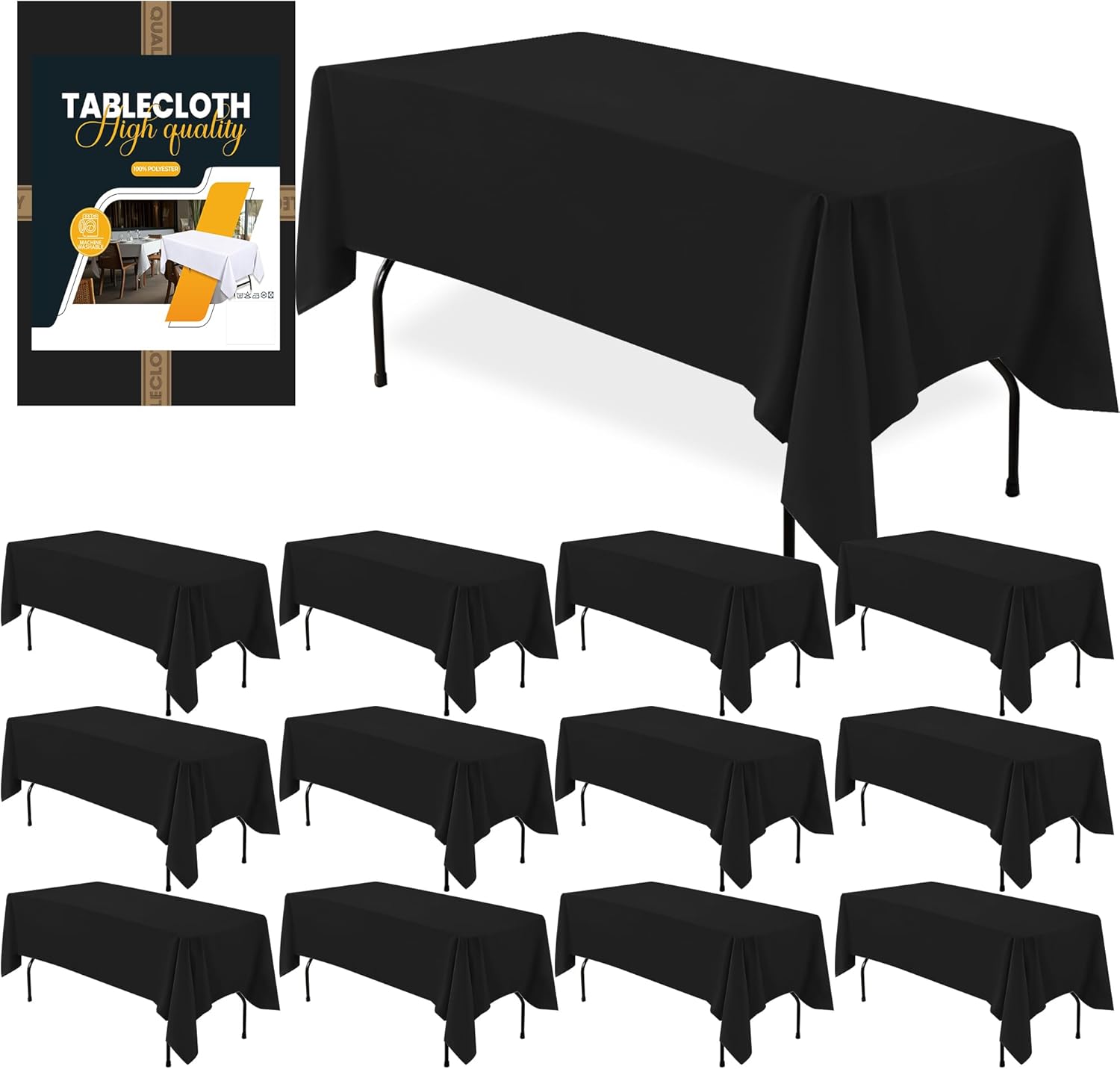 Premium 12 Pack Black Rectangle Tablecloths for Events and Parties
