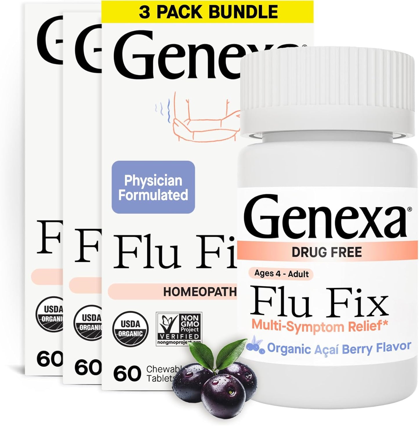 Genexa Flu Fix Multi-Symptom Remedy for Kids & Adults 180 Tablets