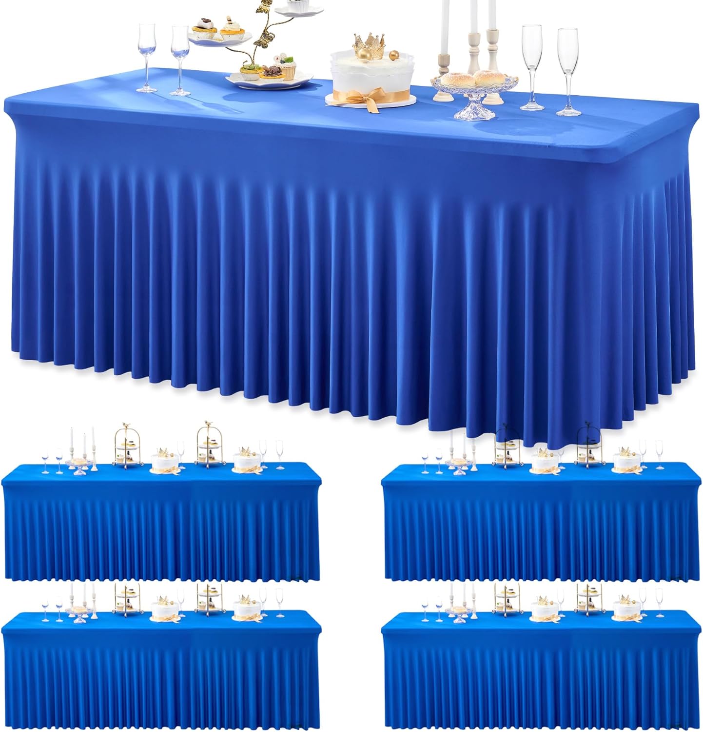 4 Pack Royal Blue Spandex Tablecloths for 6 Foot Tables