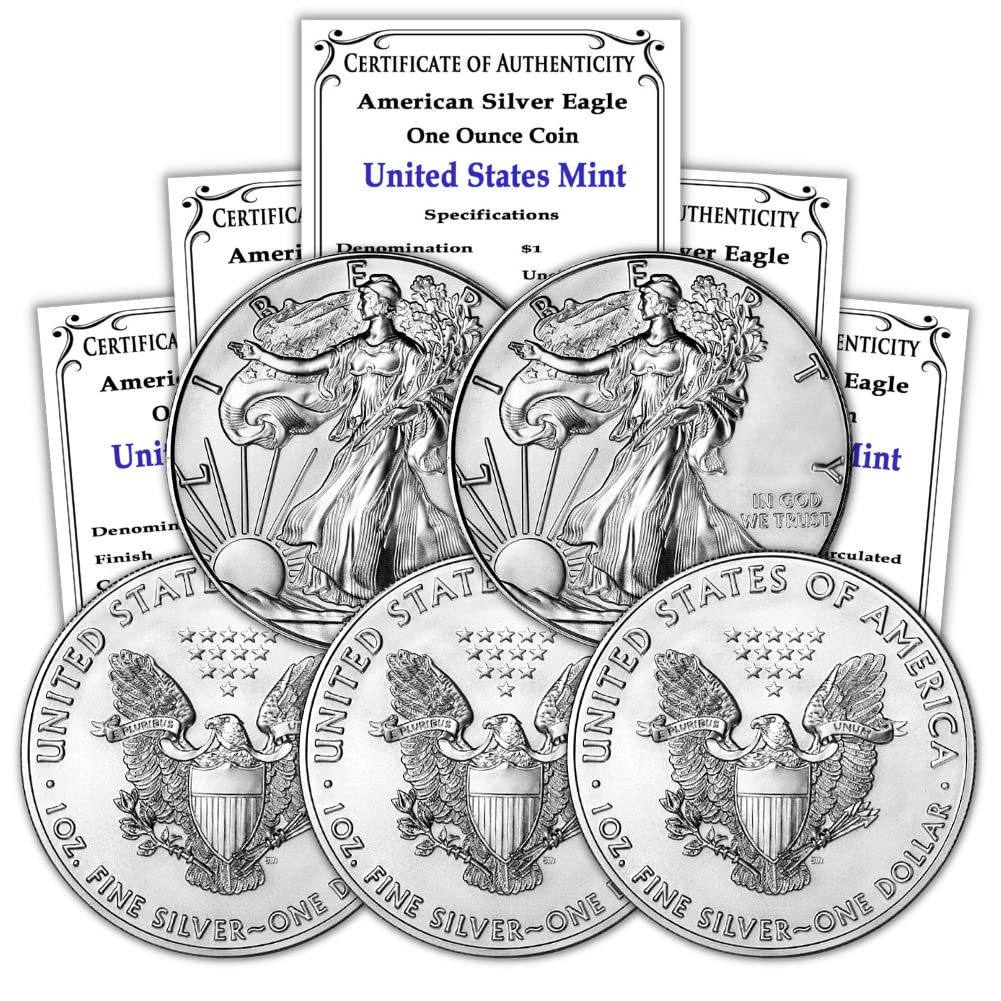 1 oz American Silver Eagle Coins Brilliant Uncirculated Lot of 5