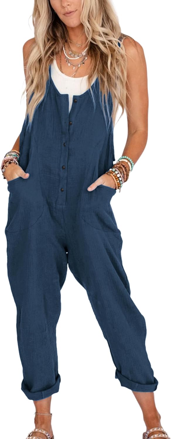 Yeokou Womens Overalls Linen Cotton Jumpsuits with Pockets