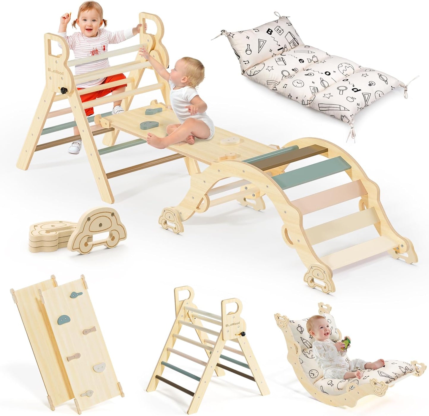 BlueWood Pikler Triangle Set: 8-in-1 Montessori Climbing Toys