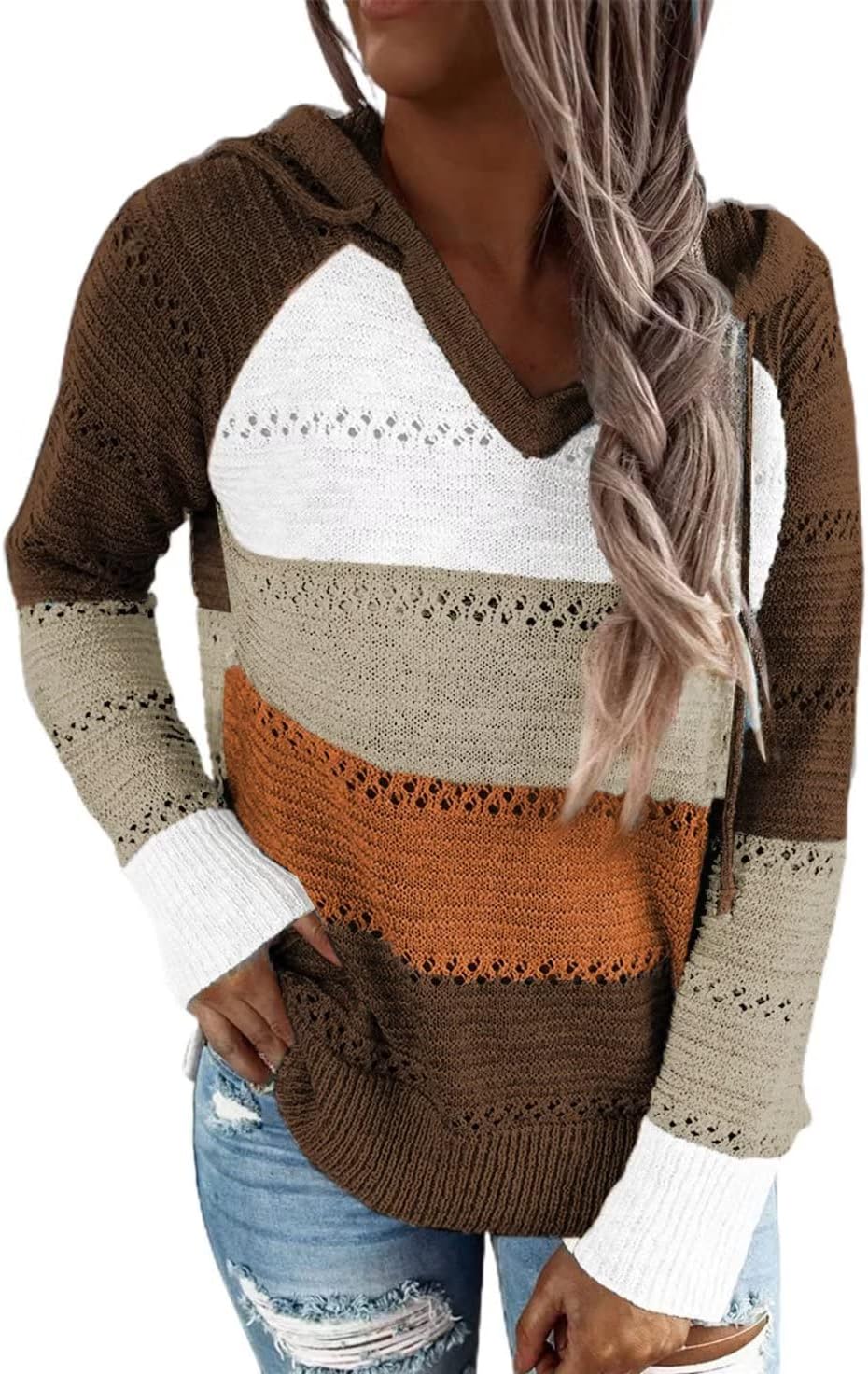 BLENCOT Women Color Block Hooded Crochet Striped Sweater Review