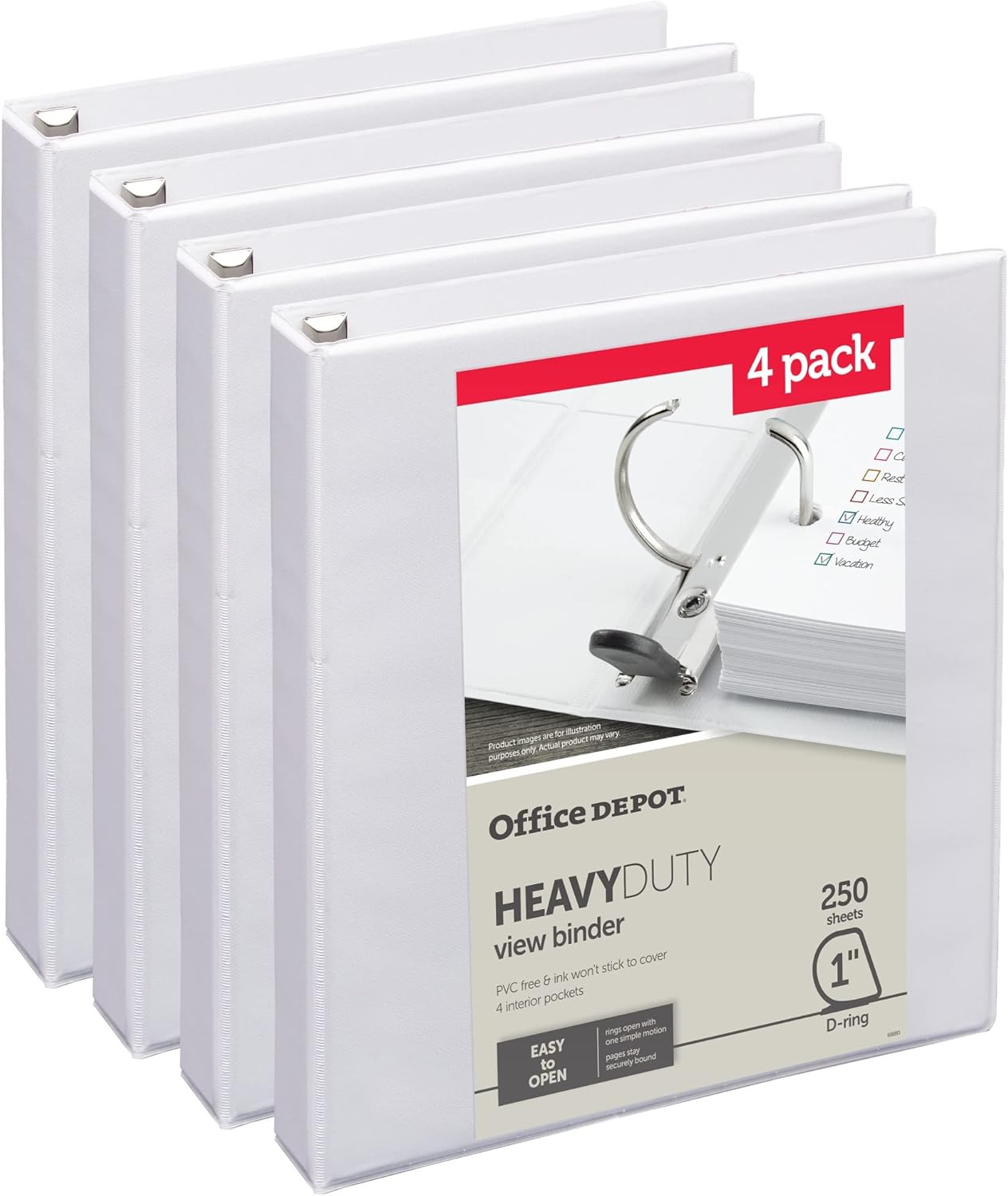 4 Pack White 1 D-Ring Binder - Heavy-Duty, 49% Recycled
