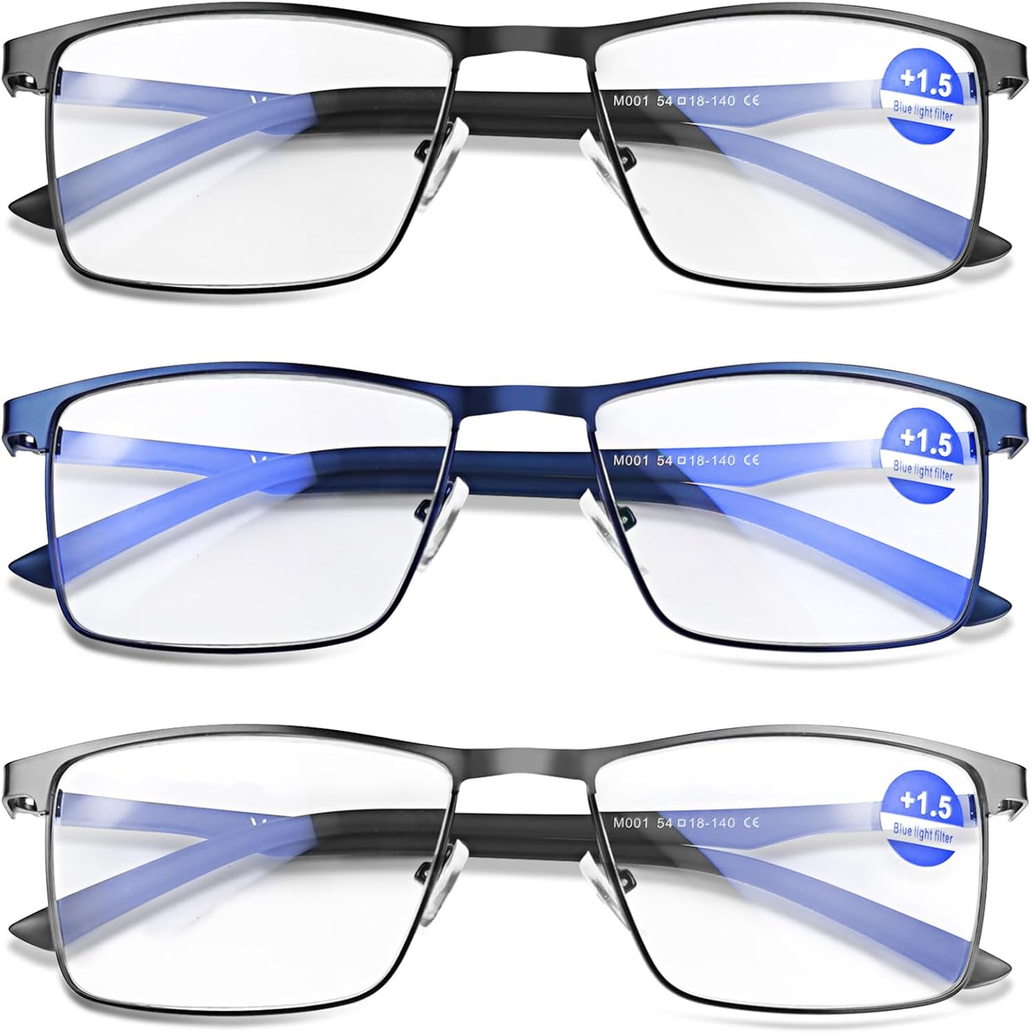 3 Pack Metal Reading Glasses with Blue Light Protection for All