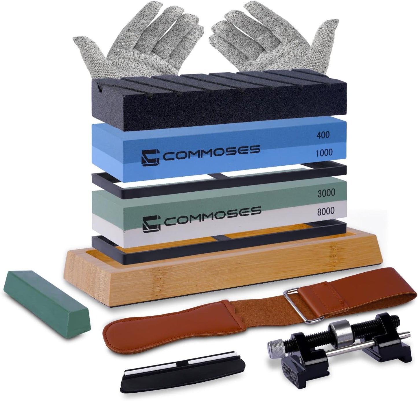 Whetstone Sharpening Stone Set with Bamboo Base and Accessories