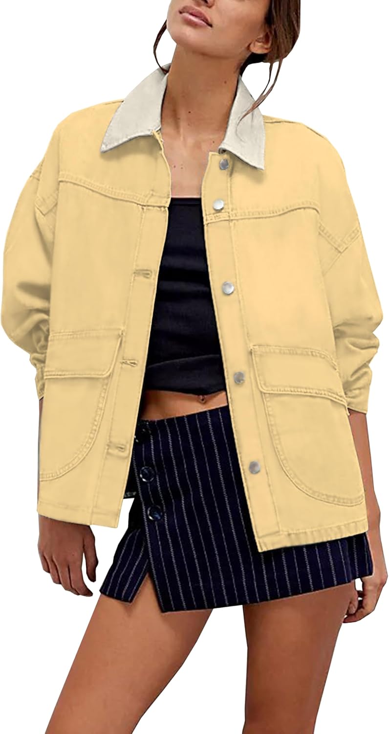 Oversized Denim Jacket for Women with Contrast Trim and Pockets