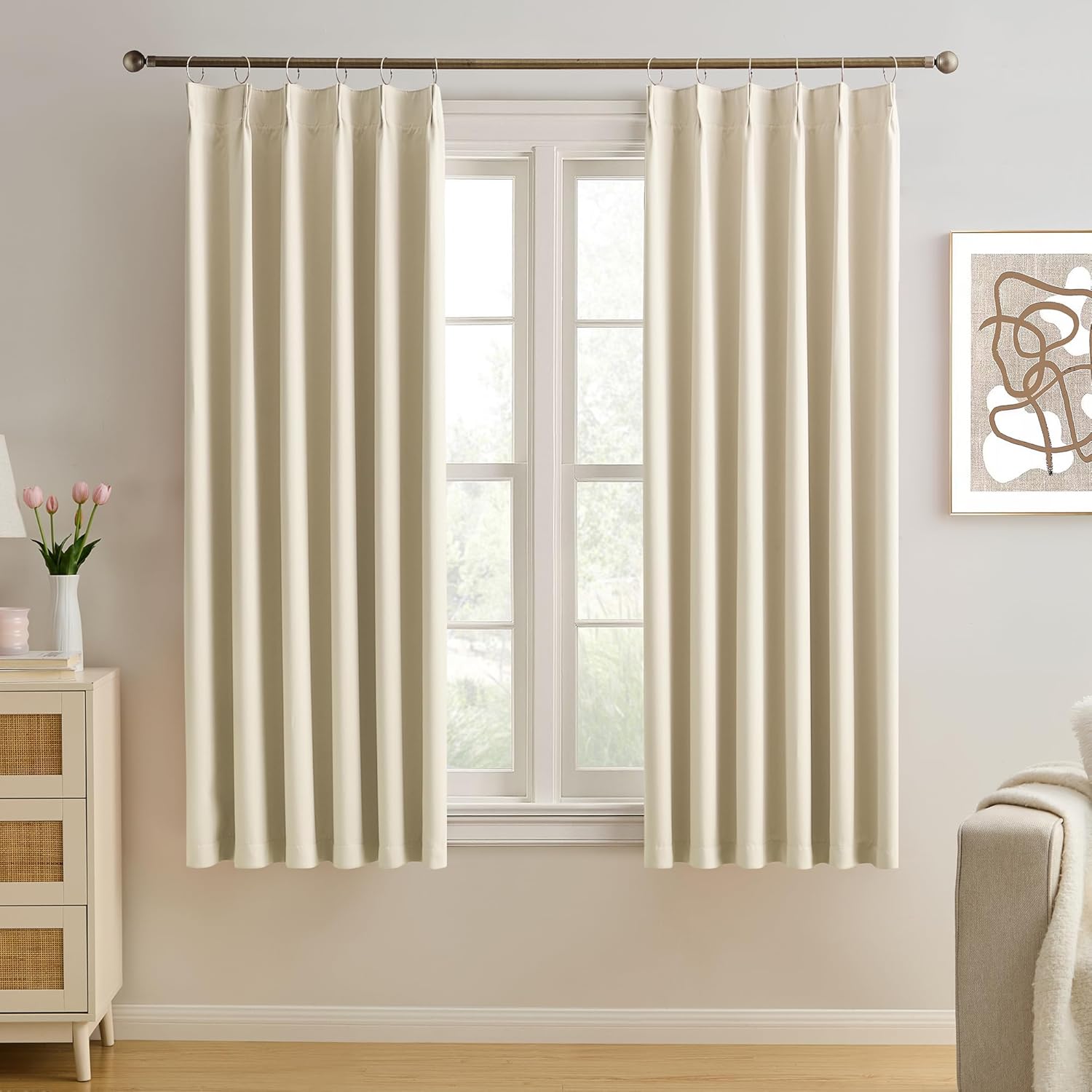 KEQIAOSUOCAI Cream Pleated Blackout Curtains for Bedrooms