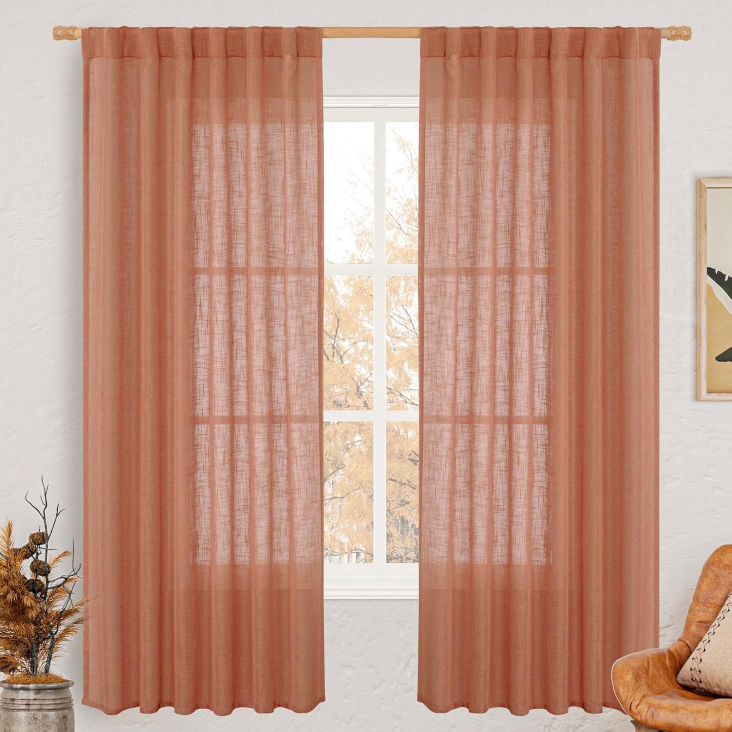 Terracotta Linen Curtains 72 inch Light Filtering Panels for Home
