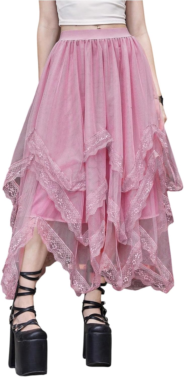 Gothic Lace Trim Layered Mesh Tulle Skirt for Women