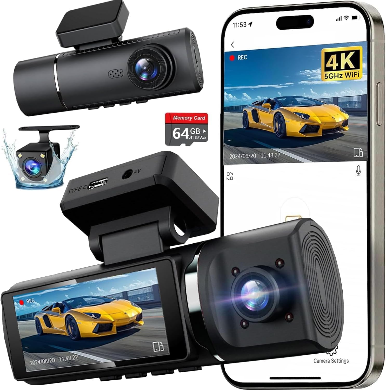 3 Channel 4K Dash Cam with Built-in WiFi and Night Vision