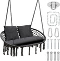 Double Macrame Hammock Swing Chair with 3 Cushions - Cozy 2-Person