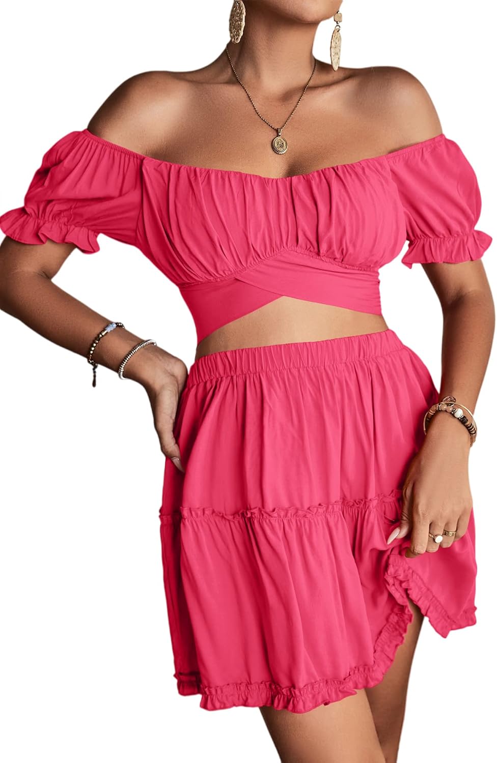 LYANER Women's Floral Off Shoulder Crop Top and Mini Skirt Set