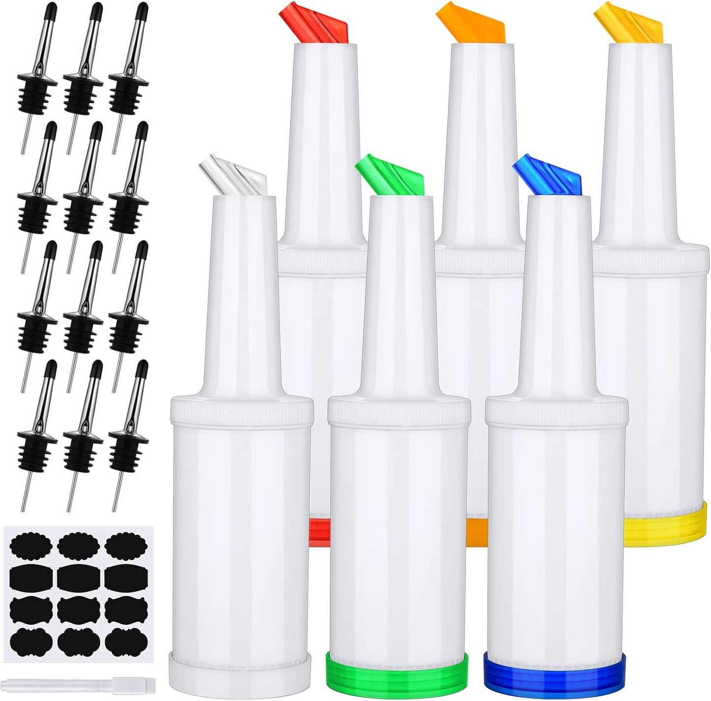 Ruisita 6 Pack Plastic Pour Bottles with Tapered Spouts for Liquor