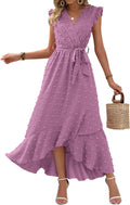 BTFBM V Neck Swiss Dot Maxi Dress - Flowy Boho Wrap for Summer