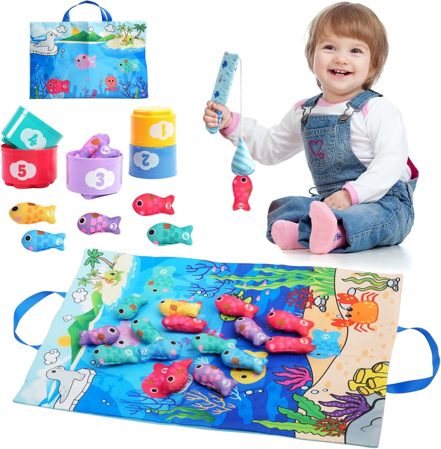 Montessori Cloth Fishing Game for 1-3 Year Olds - Learn Counting, Colors, Shapes - VICHTOP