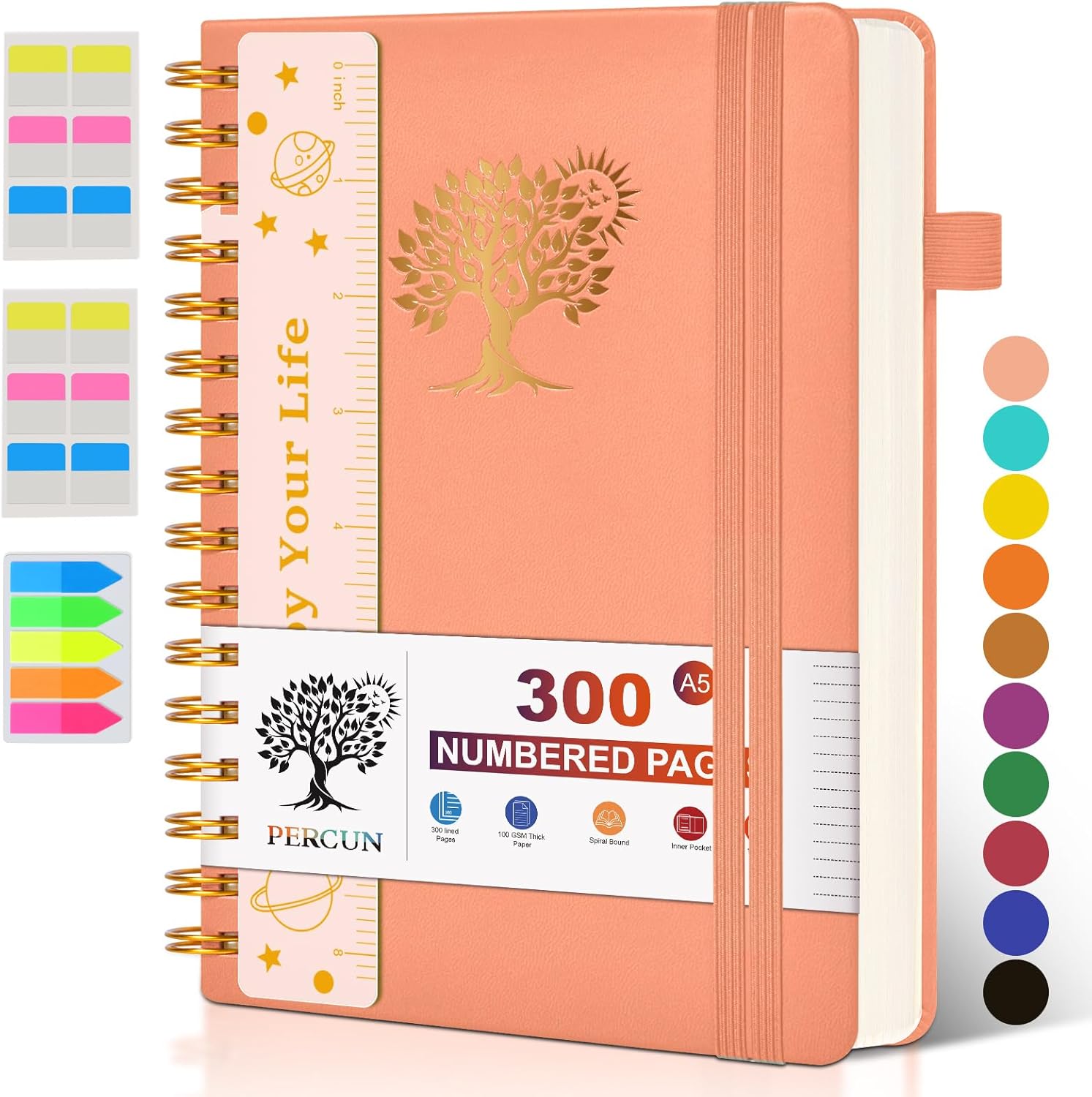 PERCUN A5 Spiral Notebook Journal | 300 Numbered Pages | College Ruled | Durable Leather Cover | Ideal for School & Work