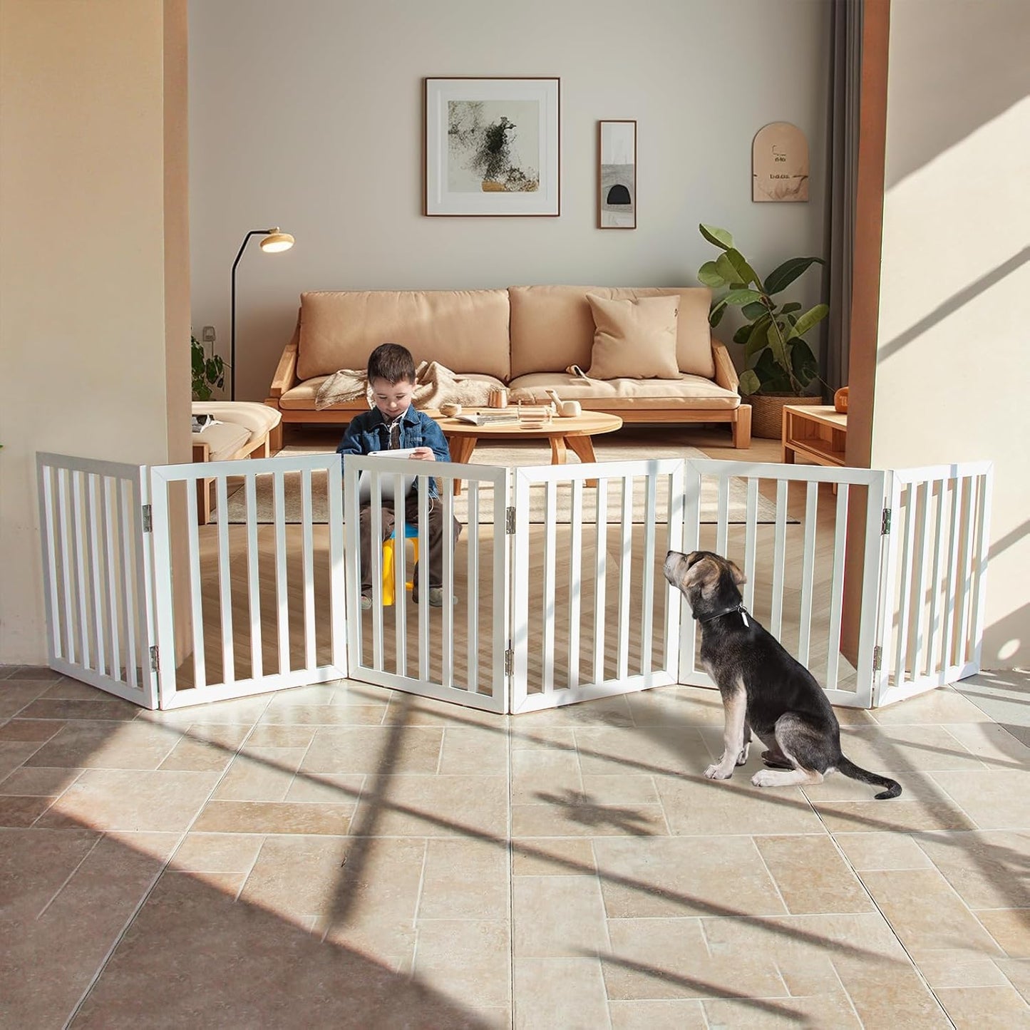 ZJSF Freestanding Indoor Dog Gate for House - Foldable Wood Design