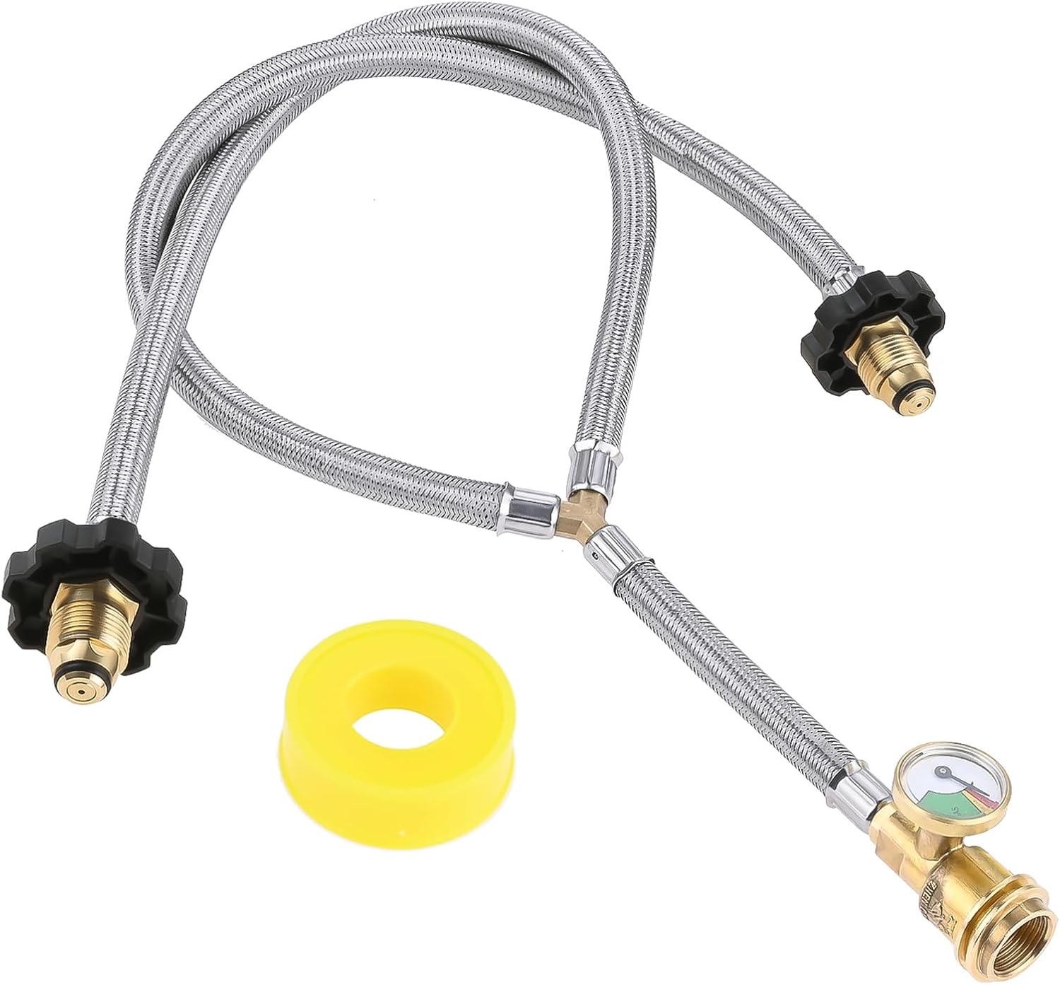 Y Type Splitter Propane Tank Converter Adapter Hose with Gauge