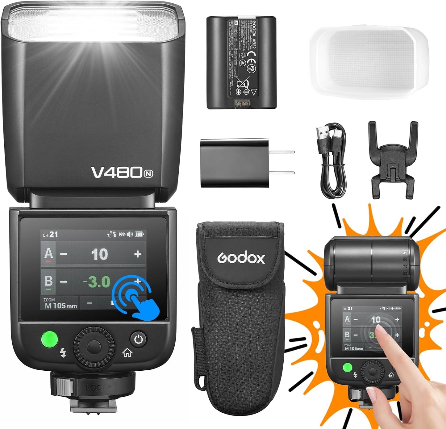 Godox V480 N TTL Flash for Nikon with Touchscreen and Diffuser