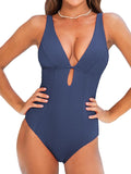 Women's Textured One Piece Swimsuit Deep V Keyhole - Flattering Fit