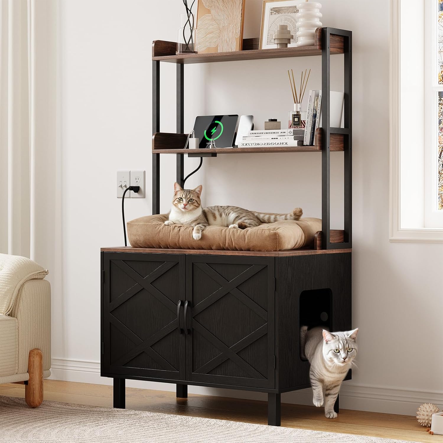 55 Inches Cat Litter Box Enclosure with Storage Shelves and Outlets