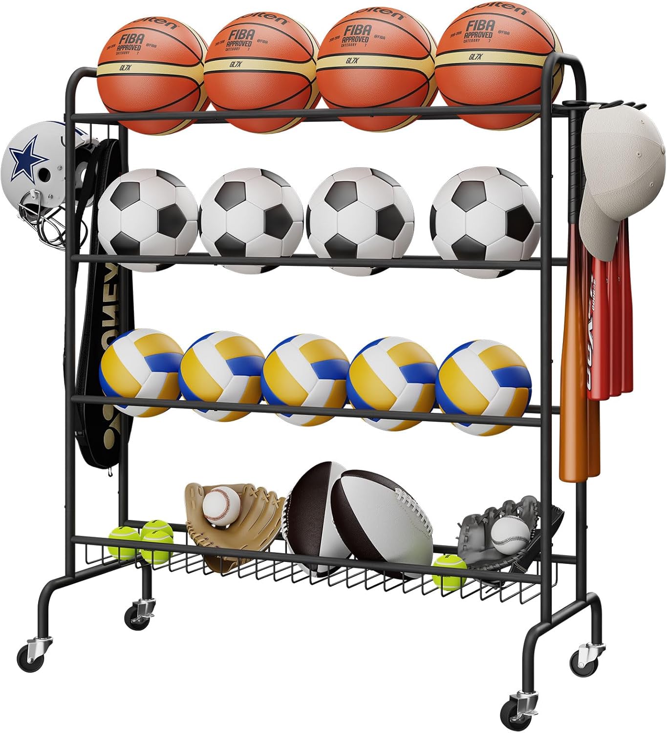 IBUYKE Basketball Rack - 4-Layer Rolling Ball Storage Organizer