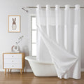 White Long No Hook Waffle Weave Shower Curtain with Snap-In Liner