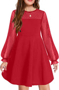 Girl's Contrast Mesh Puff Long Sleeve Short Dress with Pockets - Ages
