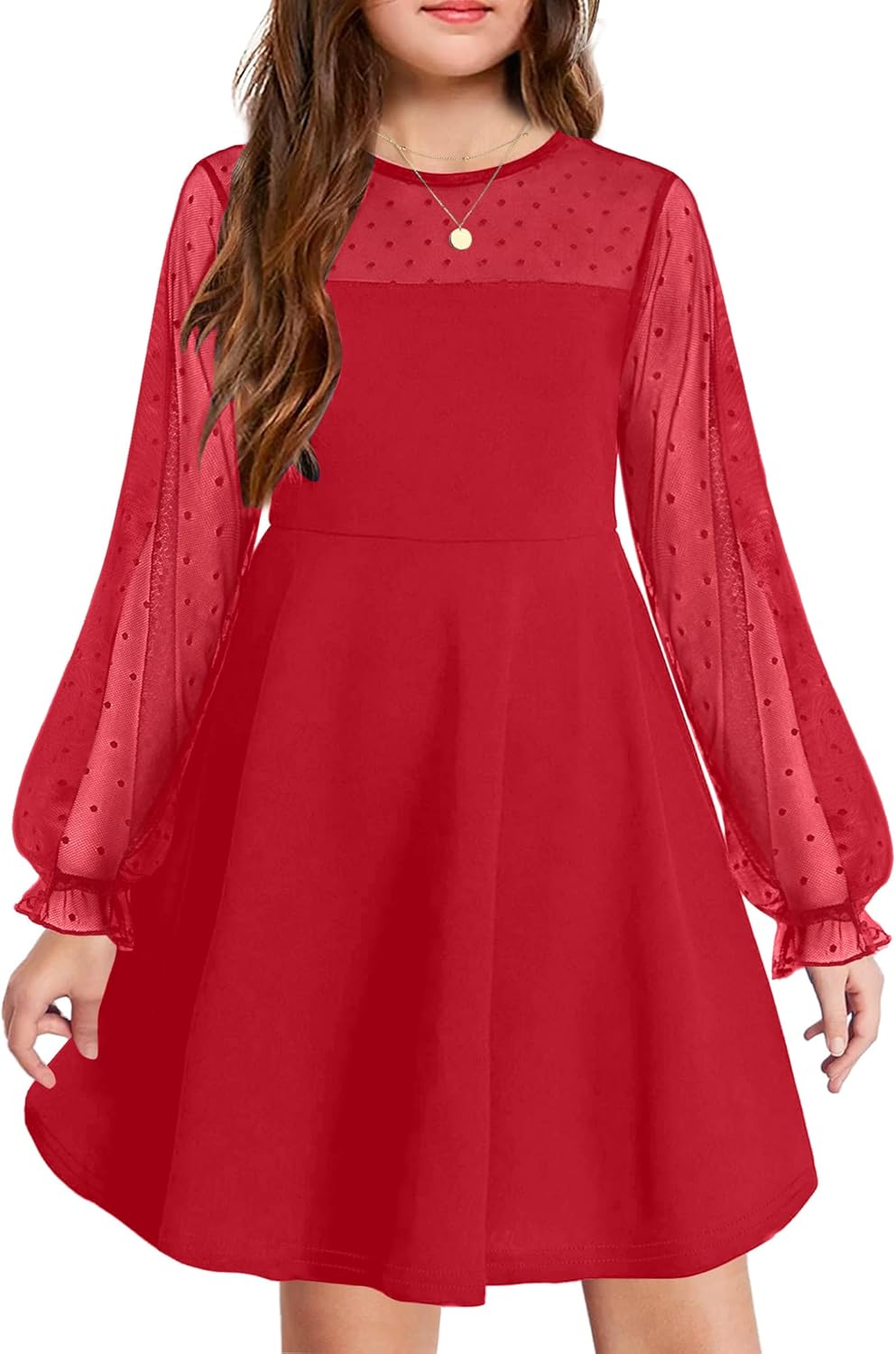 Arshiner Girl's Contrast Mesh Puff Long Sleeve High Waist Dress