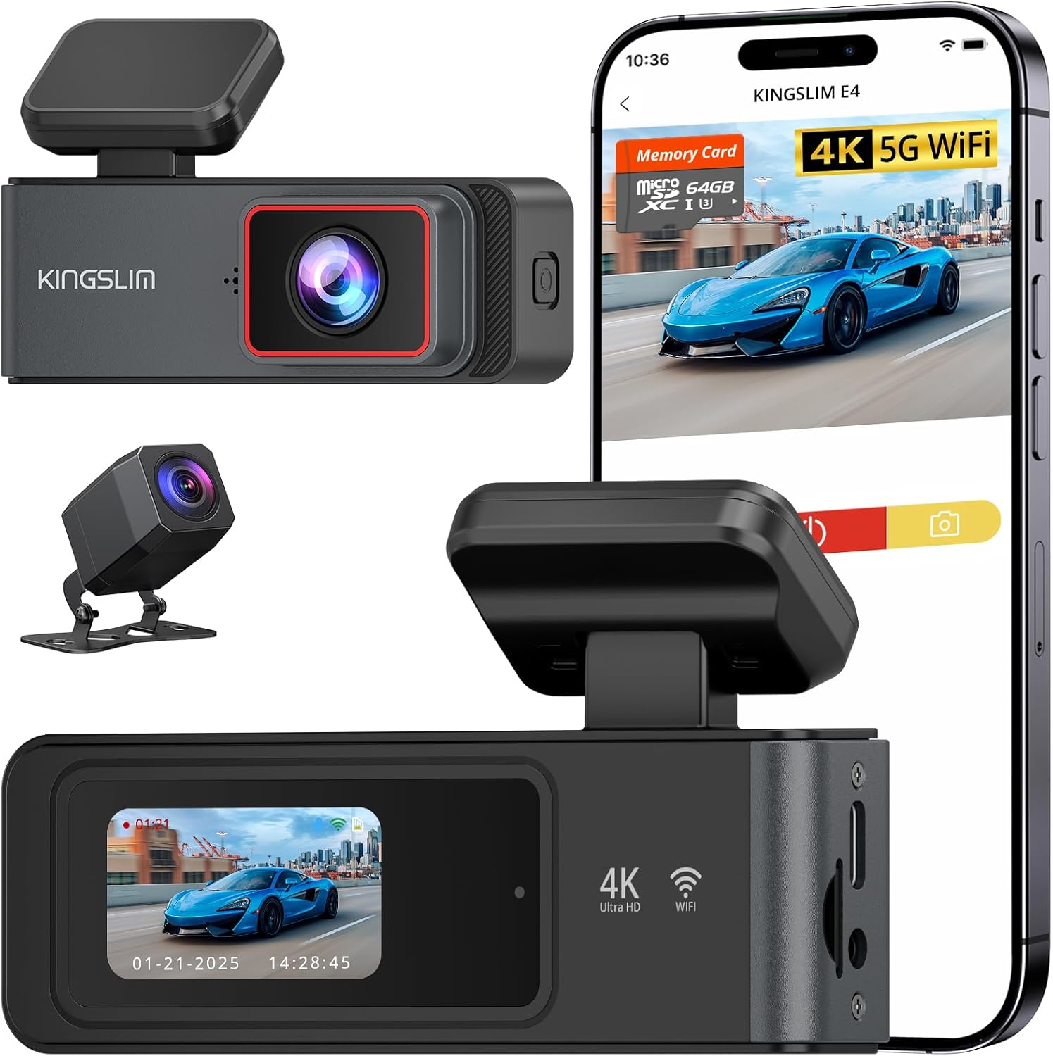Kingslim 4K Dash Cam Front and Rear with 64GB SD Card